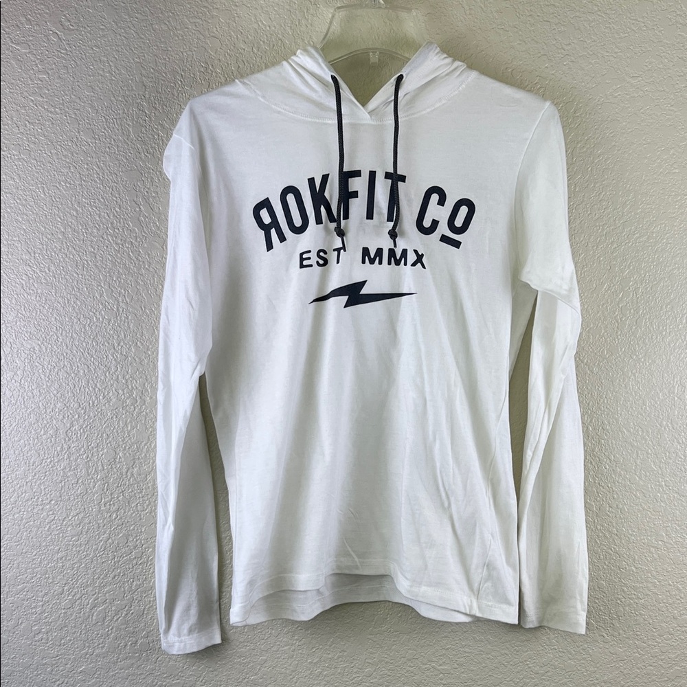 ROKFIT white long sleeve hooded workout t shirt size medium